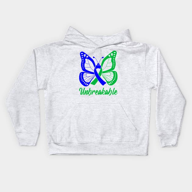 Blue and Green Butterfly Awareness Ribbon Unbreakable Kids Hoodie by FanaticTee